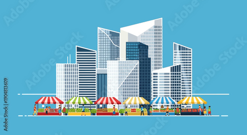 Vibrant downtown cityscape illustration with bustling market stalls and modern skyscrapers, representing urban commerce and community events