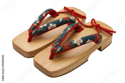 Traditional Japanese wooden geta sandals with floral thong and red ties for women and girls