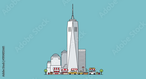 Iconic New York City skyline illustration featuring the One World Trade Center and surrounding buildings, capturing the essence of urban architecture and cityscape vibrancy