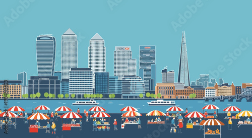 Urban cityscape with a bustling riverside market and modern skyscrapers, depicting a lively commercial district and urban lifestyle