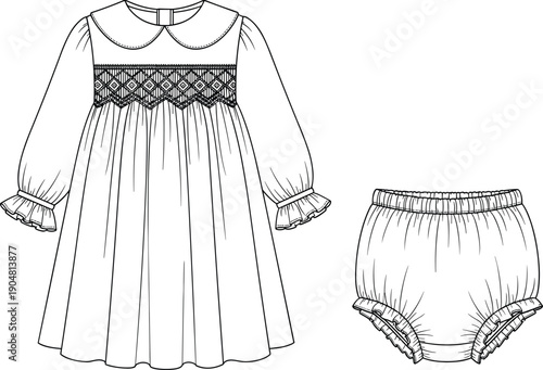 Baby girl dress and bloomer technical sketch, children clothing fashion design, black white line art cad drawing vector illustration