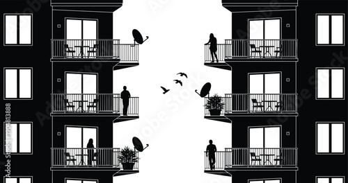Apartment building silhouette with people on balconies, urban residential architecture scene, black white flat vector cad drawing illustration