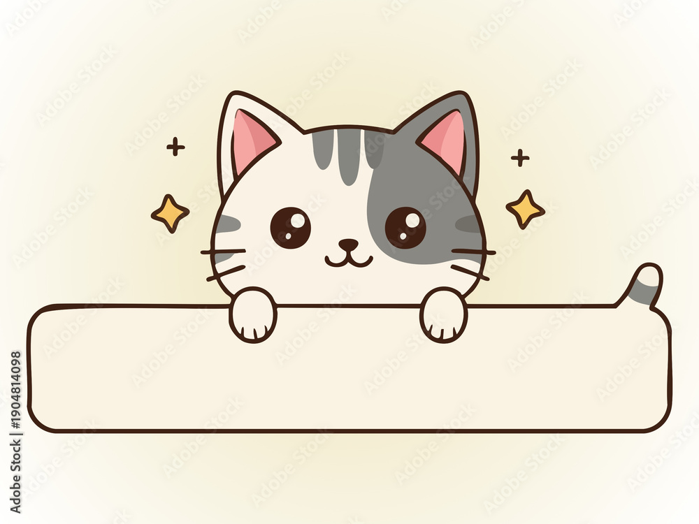 Fototapeta premium Cute Kawaii Cat Character Peeking Over Blank Banner for Tex