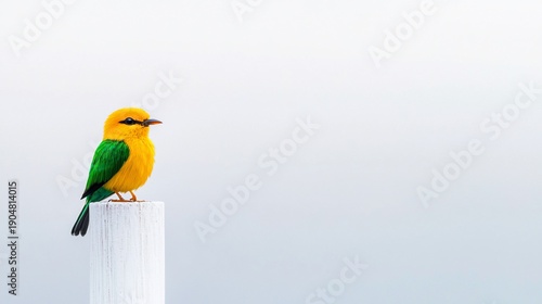 Vibrant bird perched on white post