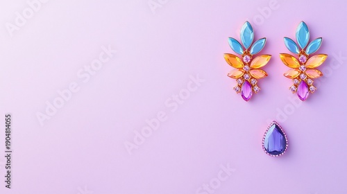 Vibrant jeweltoned earrings on lilac backdrop