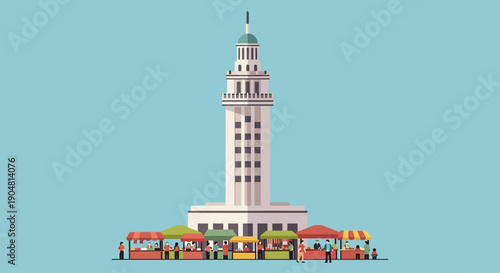 A vibrant illustration of a bustling outdoor market situated at the base of a towering historical monument, showcasing community and local commerce against a clear blue sky