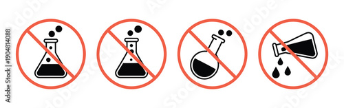 Chemical Free Sign Prohibited symbols showing no additives, no toxic materials, no preservatives, clean product safety concept.