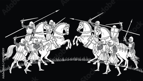 Medieval knights battle scene cavalry and infantry combat illustration historic warfare soldiers on horses cad drawing flat vector illustration