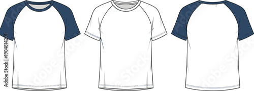 Raglan t shirt front and back views apparel fashion technical template for sportswear casual clothing mockup cad drawing flat vector illustration