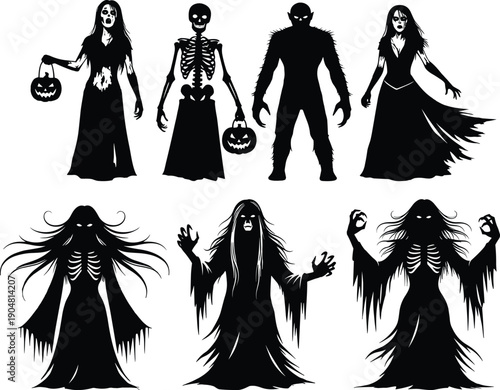 Halloween silhouettes, spooky characters, zombie woman, skeleton figure, werewolf monster, ghostly woman, eerie wraiths, horror design, festive illustration, flavector