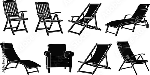 Outdoor and indoor chairs silhouettes lounge armchair deck chair furniture collection for home garden patio design cad drawing flat vector illustration