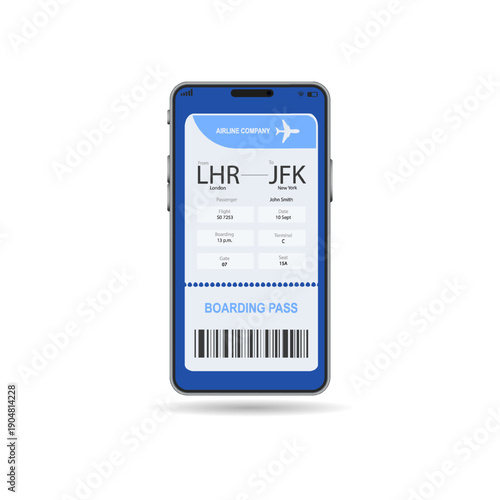 Boarding pass on mobile app concept. Smartphone display with app for Flight online booking. Digital airline boarding pass. Aeroplane ticket. Online ticket mobile application. mobile, app, ticket.