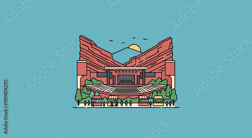 Iconic Red Rocks Amphitheatre illustration in a flat design style, featuring the natural rock formations and outdoor concert venue, with a clear sky and sun graphic