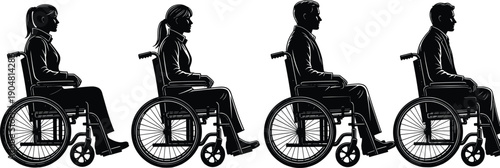 Wheelchair users silhouettes male and female side view accessibility disability people icons for healthcare social inclusion cad drawing flat vector illustration