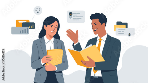 Two business professionals talking and sharing information from documents