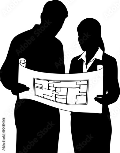 Architects reviewing floor plan blueprints silhouette