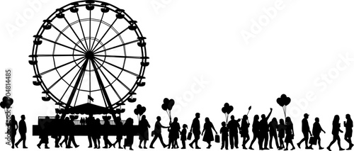 Amusement park fairground silhouette with ferris wheel and crowds