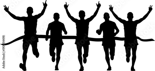 Athletes crossing the finish line in a running race silhouette