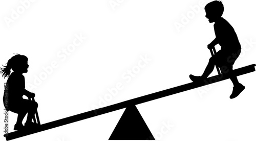 Children silhouette playing on seesaw at playground