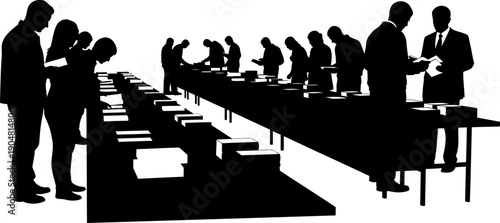 Crowd of people browsing books at long library tables silhouette