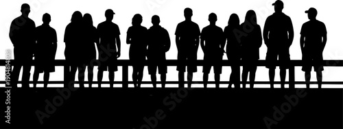 Crowd of diverse people standing behind a wooden railing silhouette