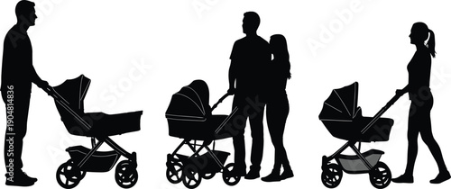 Parent stroller silhouettes, family caregiving, walking posture, couple parenting, childcare design, baby carriage, outdoor lifestyle, parenting illustration, family bond, flavector