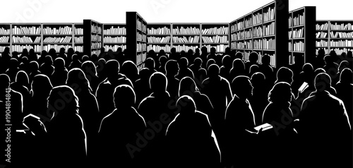 Crowded bookstore interior with people browsing shelves