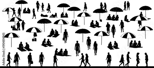 Crowded summer beach with people and sun umbrellas silhouette