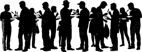 Diverse group of people eating at a buffet event silhouette