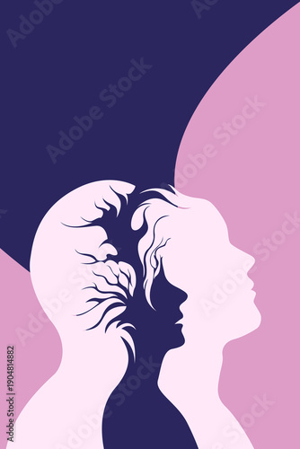 Surreal overlapping profiles man and woman with inner child tree brain, thoughts memories overthinking, soft minimalist mental health psychology vector illustration
