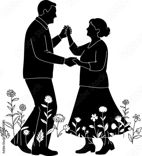 Elderly couple dancing happily in a flower garden silhouette