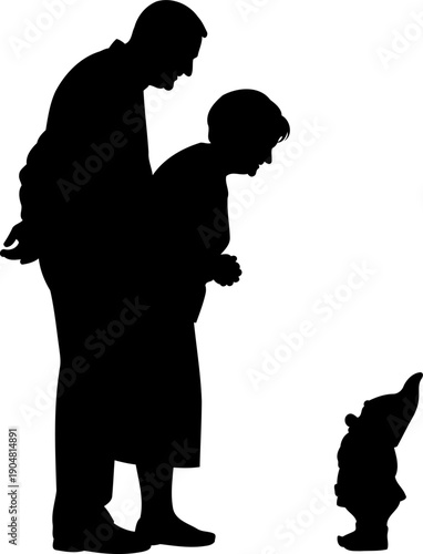 Elderly couple bending down to look at a garden gnome silhouette