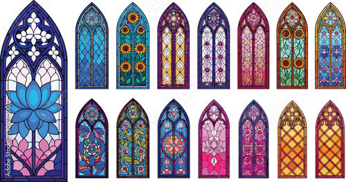 Collection of gothic stained glass window vector illustrations featuring colorful floral patterns sunflowers and intricate cathedral architecture designs