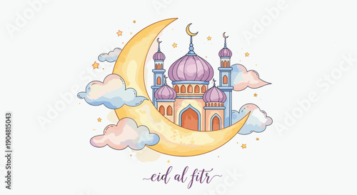 Eid al fitr - Selamat Hari Raya Idul Fitri Greeting Illustration In Flat Style Design, Flat illustration