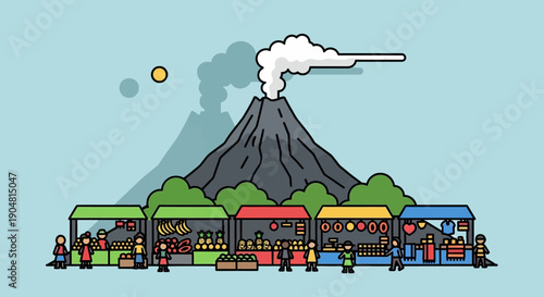 Volcano Market Scene Illustration Vibrant Outdoor Marketplace with Diverse Stalls and Erupting Mountain Backdrop Showcasing Local Culture and Commerce