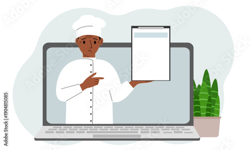 Male cook in a cap. Video, online ordering, menu.