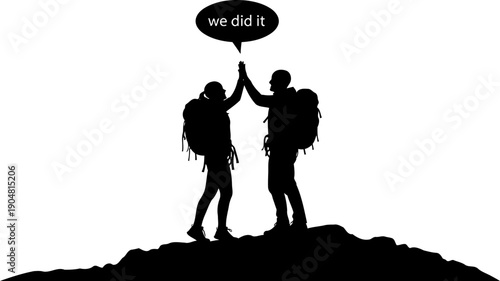 Hikers celebrating on mountain peak with high five silhouette Celebration