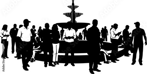 Large crowd gathered around a public park fountain silhouette