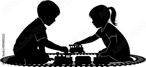 Kids playing with toy train set on floor silhouette