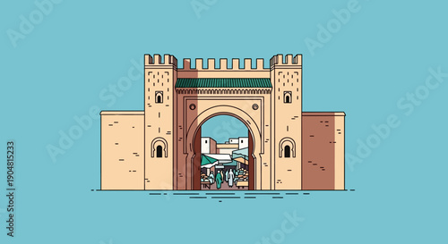 Authentic Moroccan Gateway Illustration Featuring a Bustling Souk with Traditional Architecture and Vibrant Marketplace Scenes Under a Clear Blue Sky