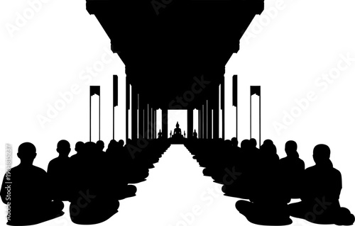 Large group of people meditating in a traditional temple hallway