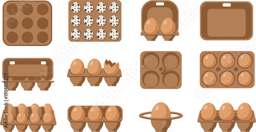 Set of brown paper egg cartons and trays with fresh brown and speckled quail eggs isolated on white for farm market packaging design