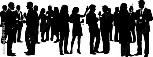 Large group of people socializing at a formal cocktail party or corporate event silhouette