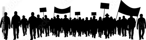 Large group of protesters marching with banners and signs silhouette