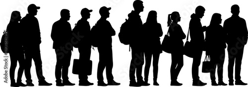 Long line of people silhouettes waiting in a pedestrian queue
