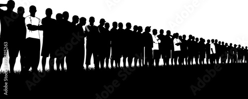 Long queue of people standing on a grassy field silhouette