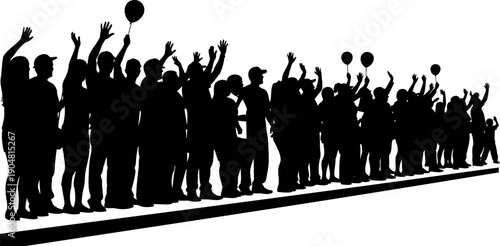 Large group of people waving hands with balloons silhouette