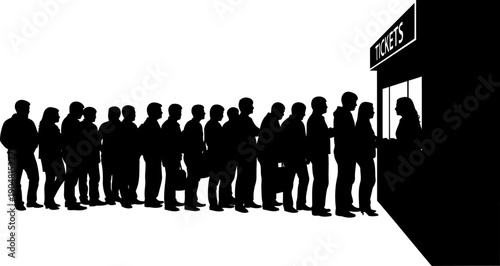 Long line of people waiting at a ticket booth silhouette