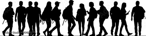 Large row of students walking with backpacks silhouette
