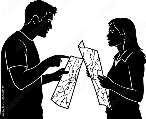Lost couple silhouette arguing over paper map directions
